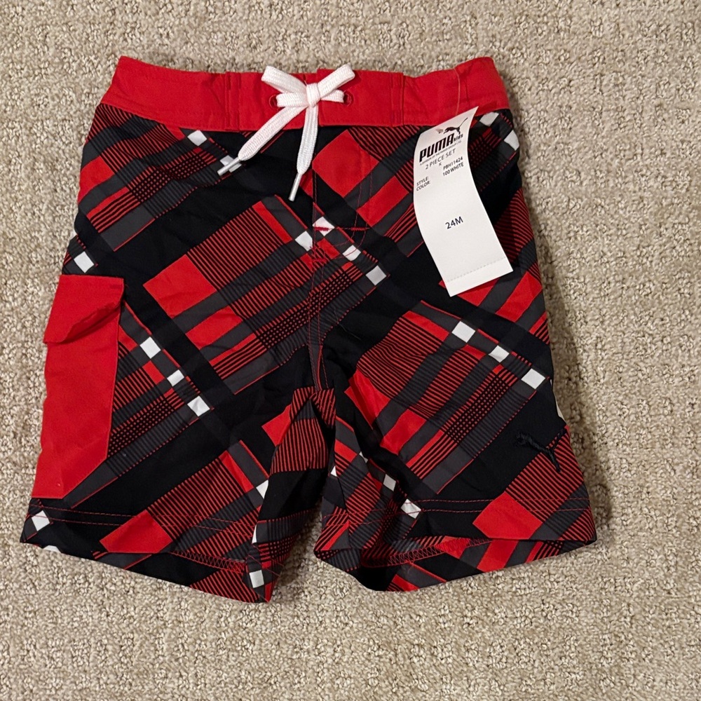 Puma Kids Red and Black Plaid Swim Trunks